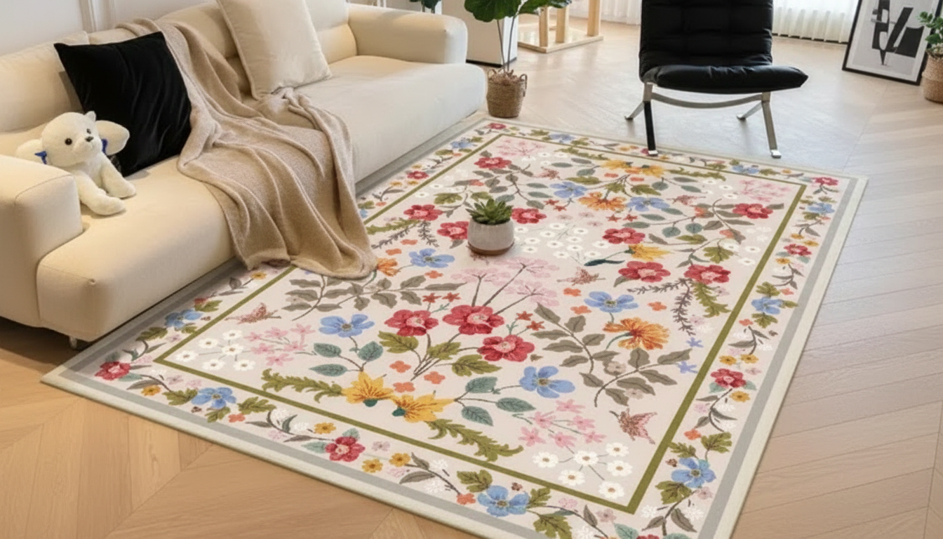 Pastoral Floral Washable Rug: Non-Slip for Living Rooms
